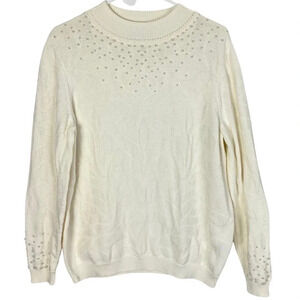 Vintage Granny Sweater Cream Pearl Beaded Womens Medium Floral Cotton Grannycore